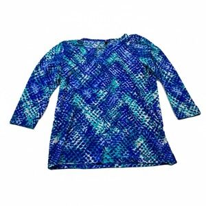 Cathy Women's Blue Geometric 3/4 Sleeve Tunic Blouse Women's Size Small Casual
